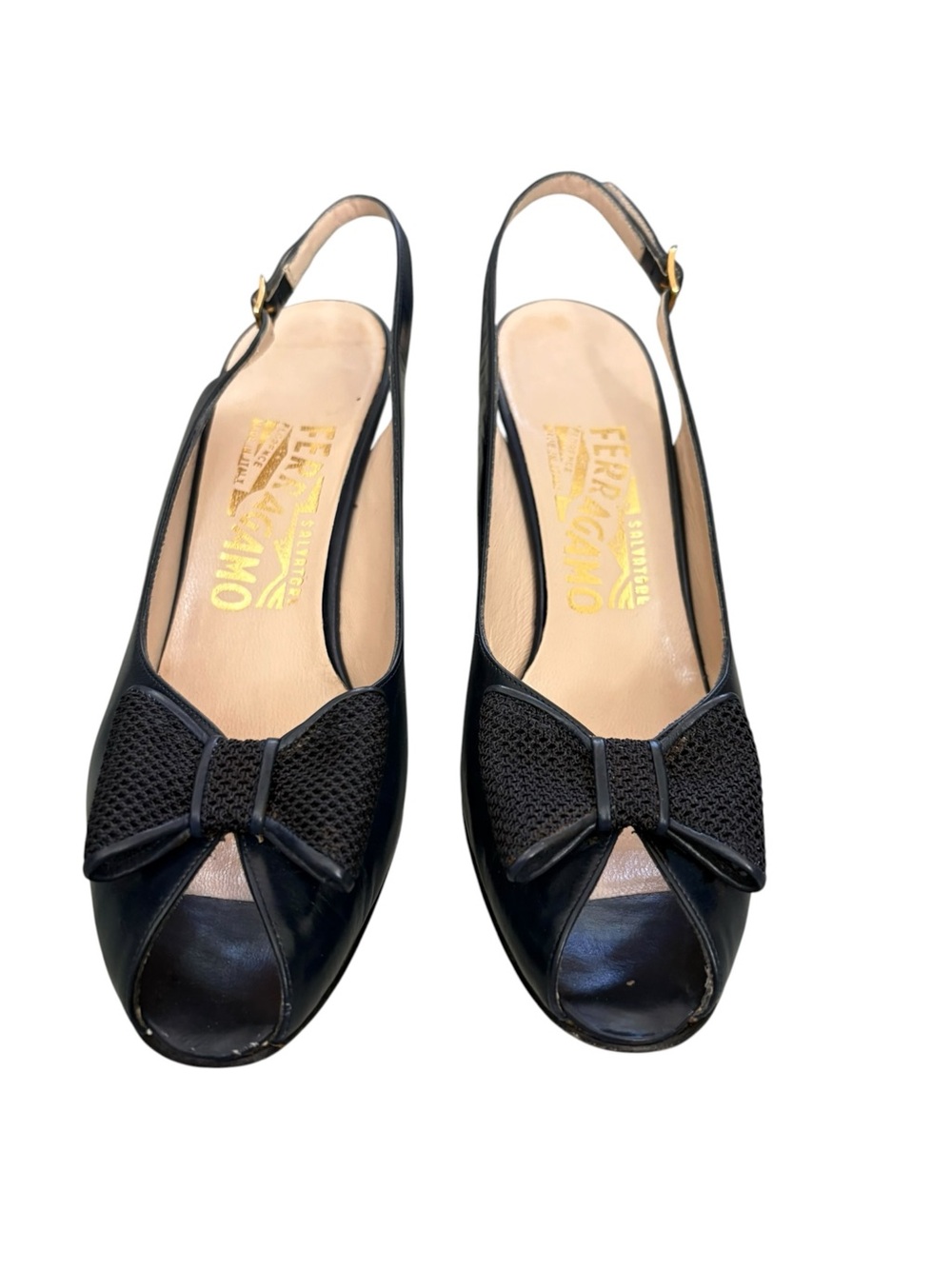 Salvatore Ferragamo Navy Peep-Toe Slingback Bow Mules